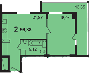 Двухкомнатная квартира 56.38 м²