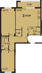Трёхкомнатная квартира 82.98 м²